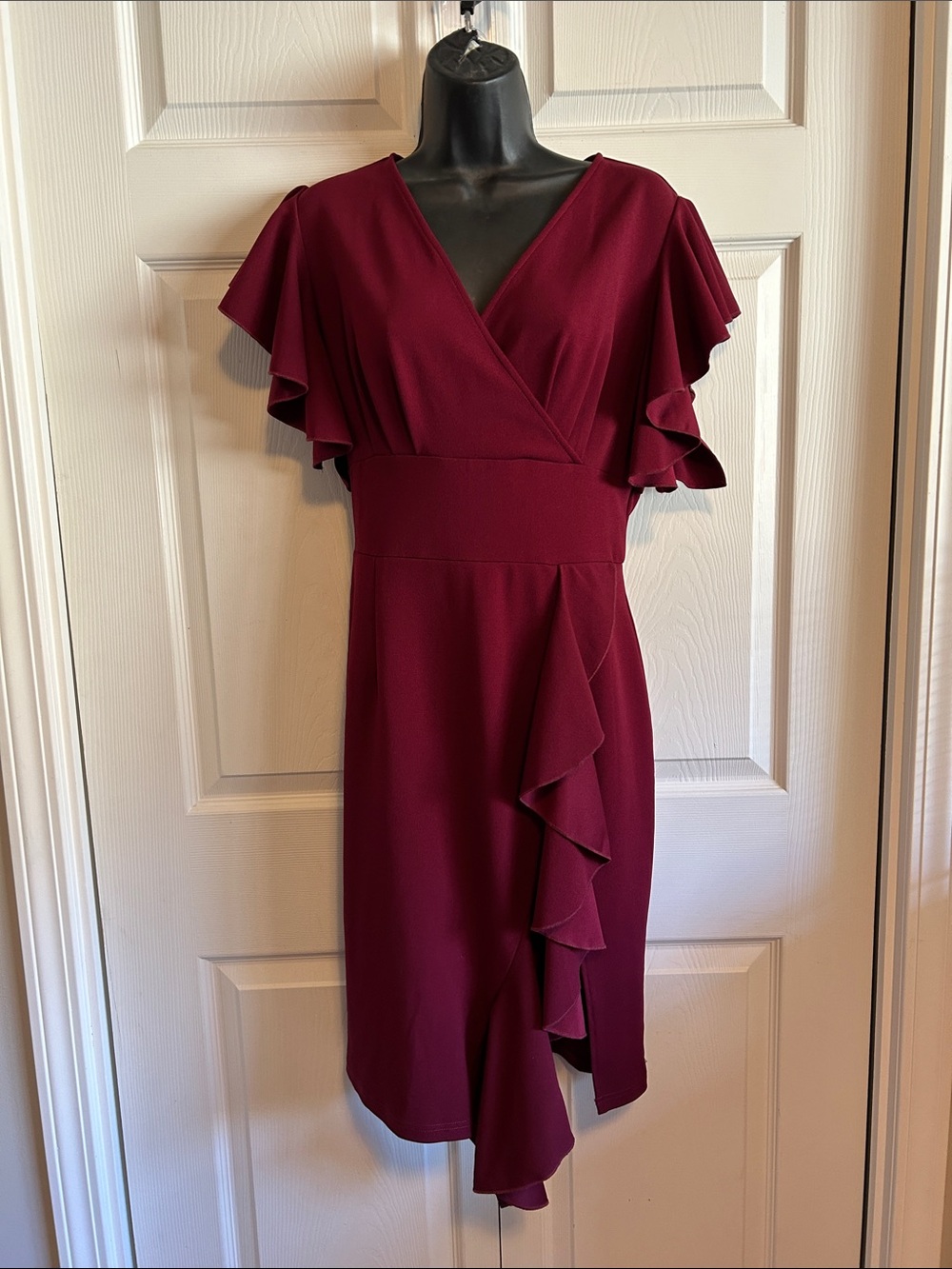 Flutter Sleeve Burgundy Wrap-Style Midi Dress 12 - 14 size